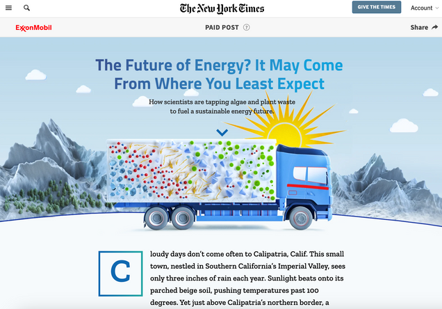 ExxonMobil’s “Future of Energy” misleading native advertisement created by the New York Times T-Brand Studio.